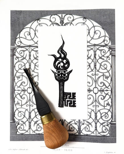 Linocut print of a key, its bow shaped like a torch and wards reminiscent of a dungeon/maze. The print rests on a page from a book of medieval ironworks, featuring an intricate iron gate.