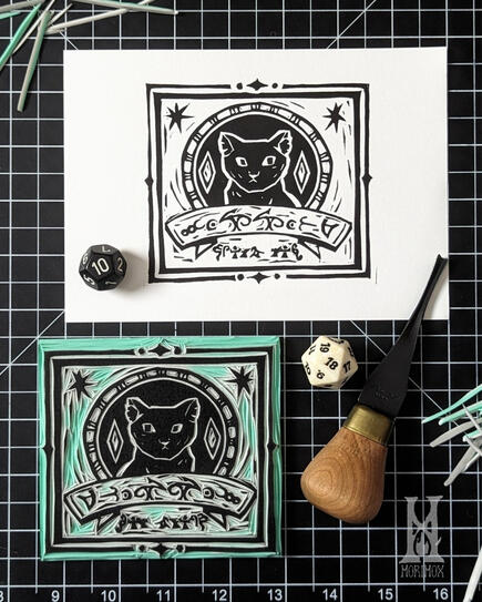 A blockprint of a fantasy 'MISSING' poster of a black cat. The text is in the Thorass alphabet, which is used by the human languages on Faerûn in the RPG game Baldur's Gate. The print is posted next to a Flexcut gouge and a white d20 and black d10 dice.
