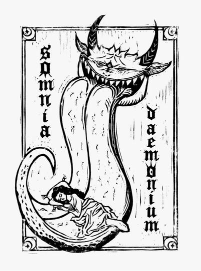 Black inked medieval style design of a large demon with its tongue hanging down and curling around. Resting in the curve of its tongue is a sleeping woman. It is surrounded by a rectangular frame with moons and stars in the corners.