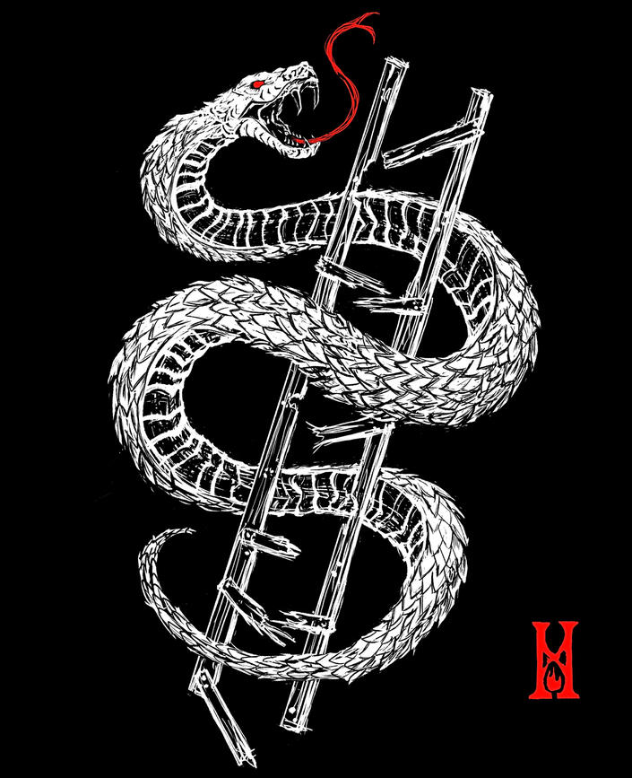 Raw Paw Design Challenge Announcement A serpent with red tongue and eyes, large raised scales, and its fangs bared. It is coiling upwards around a ladder with broken rungs. A small red logo is in the bottom corner of the letter M stylized into the shape of an hourglass.
